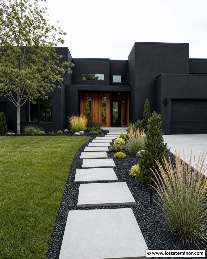 Jet Black Courtyard House With Zigzag Paver Walkway - 30 Jet Black House Design With Walkway Ideas