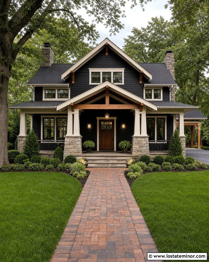 Jet Black Craftsman House With Brass Lanterns - 30 Jet Black House Design With Lighting Ideas