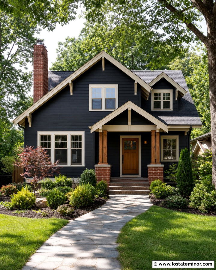 Jet Black Craftsman House With Brick Chimney - 30 Jet Black House Design With Chimney Ideas