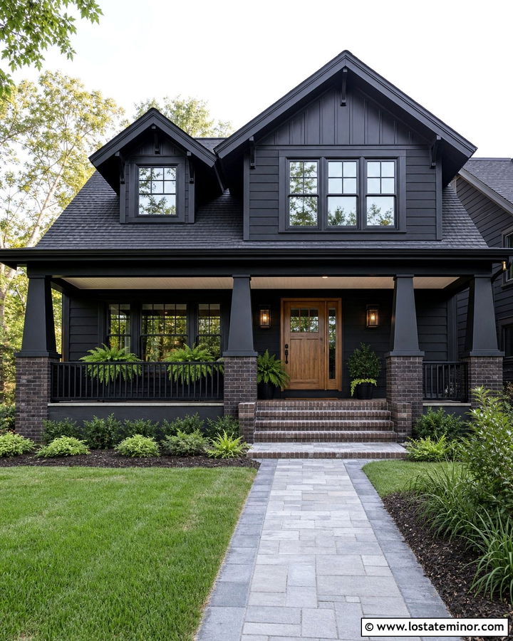 Jet Black Craftsman House With Brick Columns - 30 Jet Black House Design With Brick Accents Ideas
