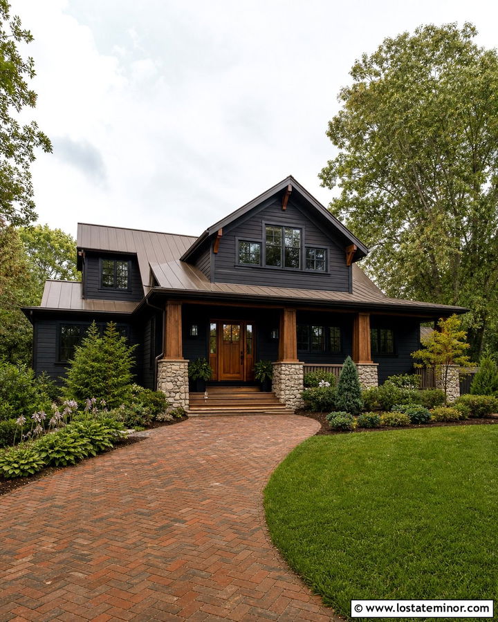Jet Black Craftsman House With Brick Driveway - 30 Jet Black House Design With Driveway Ideas