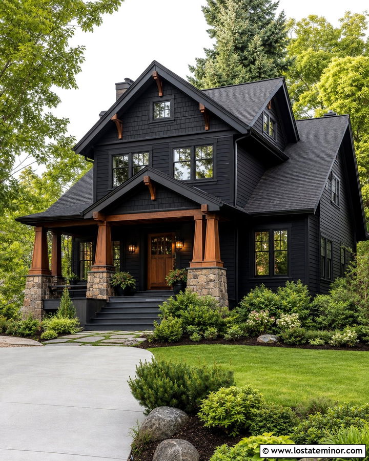 Jet Black Craftsman House With Bronze Window Frames - 30 Jet Black House Design With Window Frames Ideas