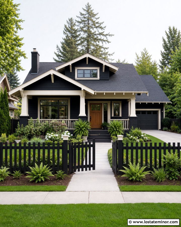 Jet Black Craftsman House With Cedar Picket Fence - 30 Jet Black House Design With Fence Ideas