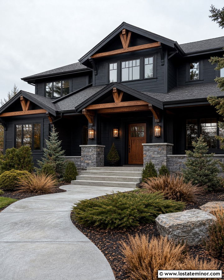 Jet Black Craftsman House With Copper Lanterns - 30 Jet Black House Design With Light Fixtures Ideas