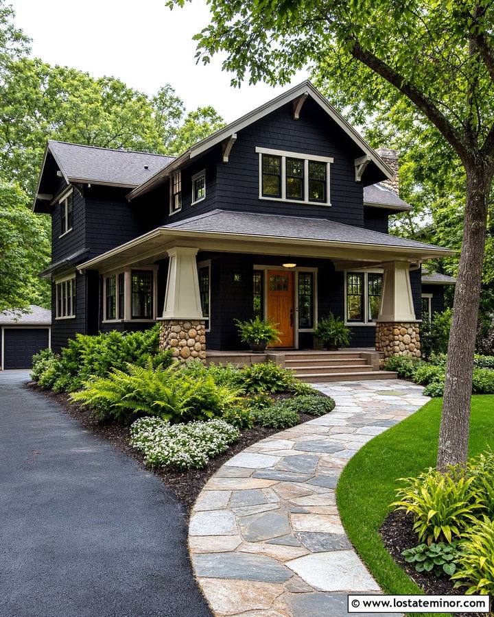 Jet Black Craftsman House With Curved Flagstone Walkway - 30 Jet Black House Design With Walkway Ideas