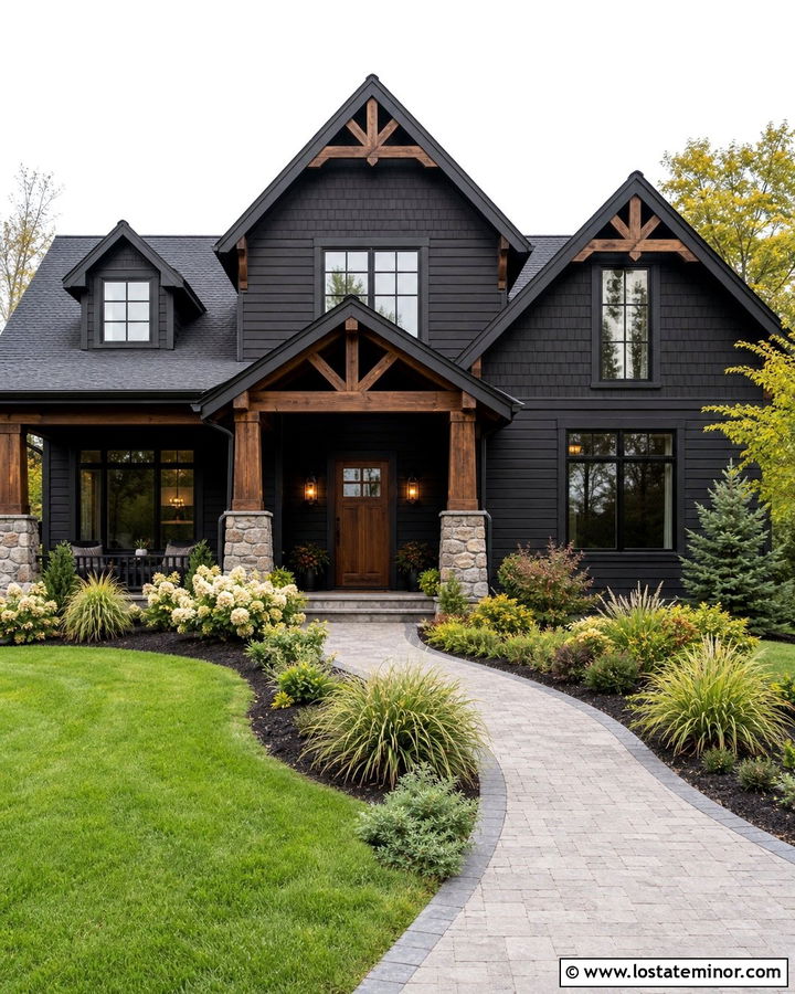 Jet Black Craftsman House With Fieldstone Columns - 30 Jet Black House Design With Stone Accents Ideas