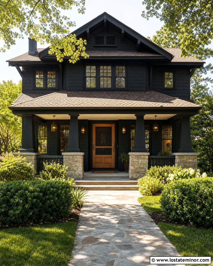 Jet Black Craftsman House With Oak Screen Door - 30 Jet Black House Design With Screen Door Ideas