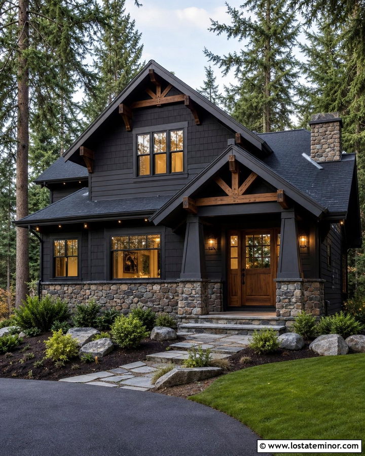 Jet Black Craftsman House With River Rock Wainscoting - 30 Jet Black House Design With Wainscoting Ideas