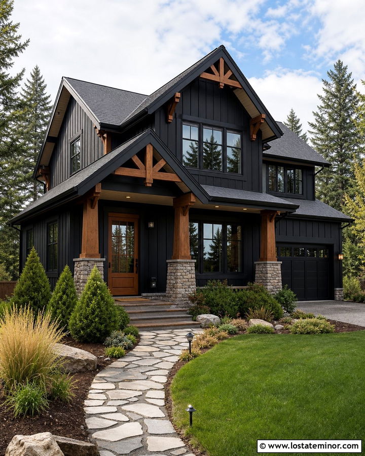Jet Black Craftsman House With Stone Columns - 30 Jet Black House Design With Board and Batten Ideas