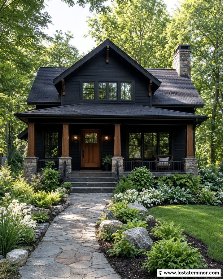 Jet Black Craftsman House With Stone Garden Beds - 30 Jet Black House Design With Landscaping Ideas