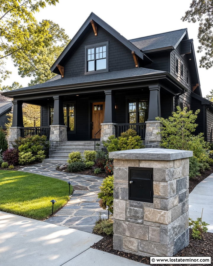 Jet Black Craftsman House With Stone Mailbox - 30 Jet Black House Design With Mailbox Ideas