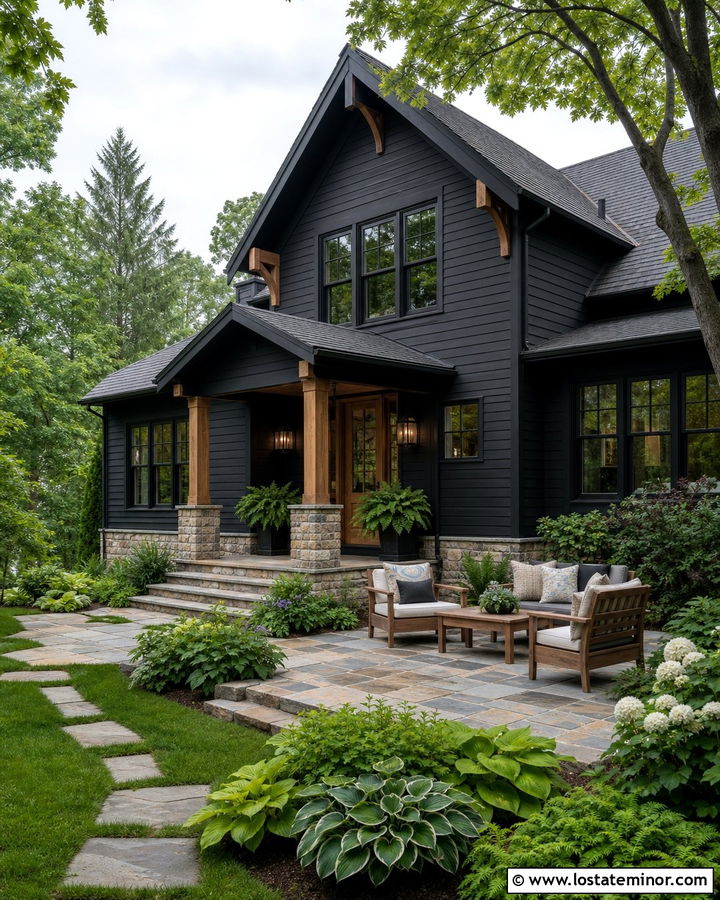 Jet Black Craftsman House With Stone Patio - 30 Jet Black House Design With Backyard Ideas