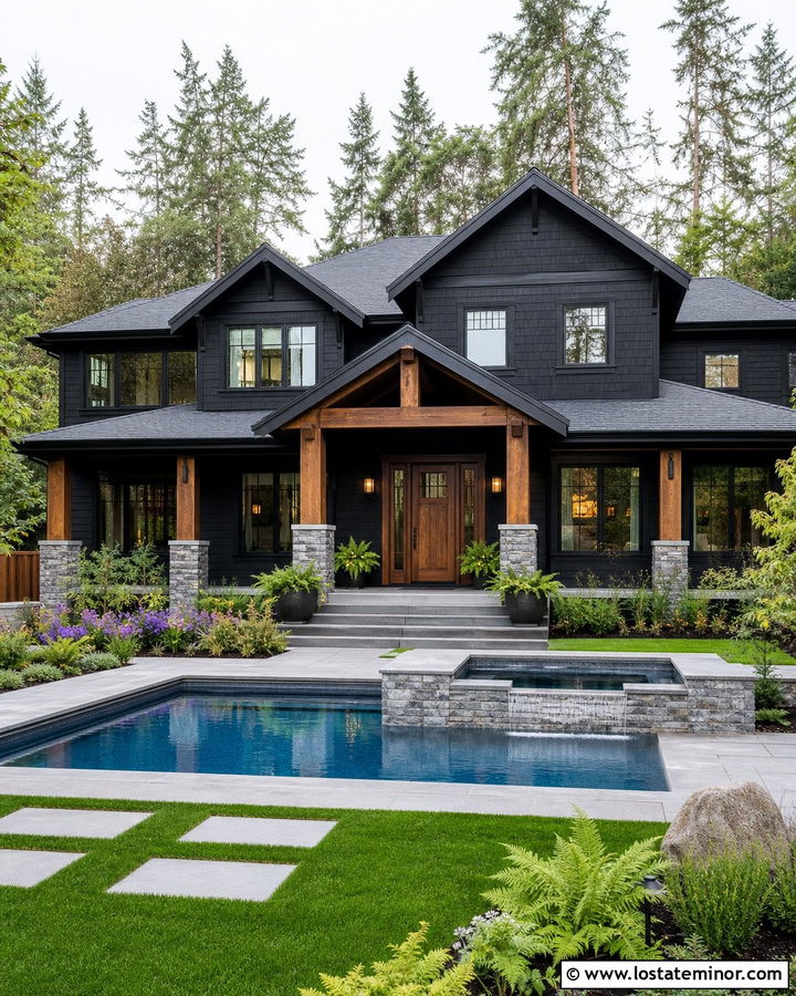 Jet Black Craftsman House With Stone Pool - 30 Jet Black House Design With Swimming Pool Ideas