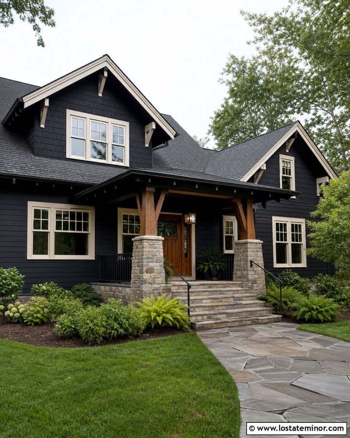 Jet Black Craftsman House With Stone Portico - 30 Jet Black House Design With Portico Ideas