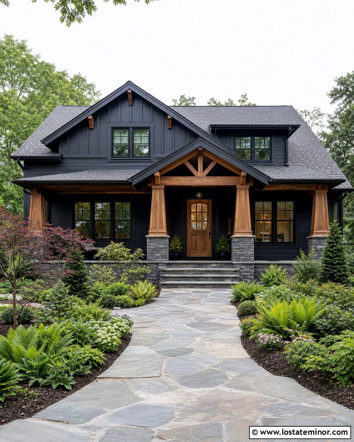 Jet Black Craftsman House With Stone Walkway - 30 Jet Black House Design With Front Yard Ideas