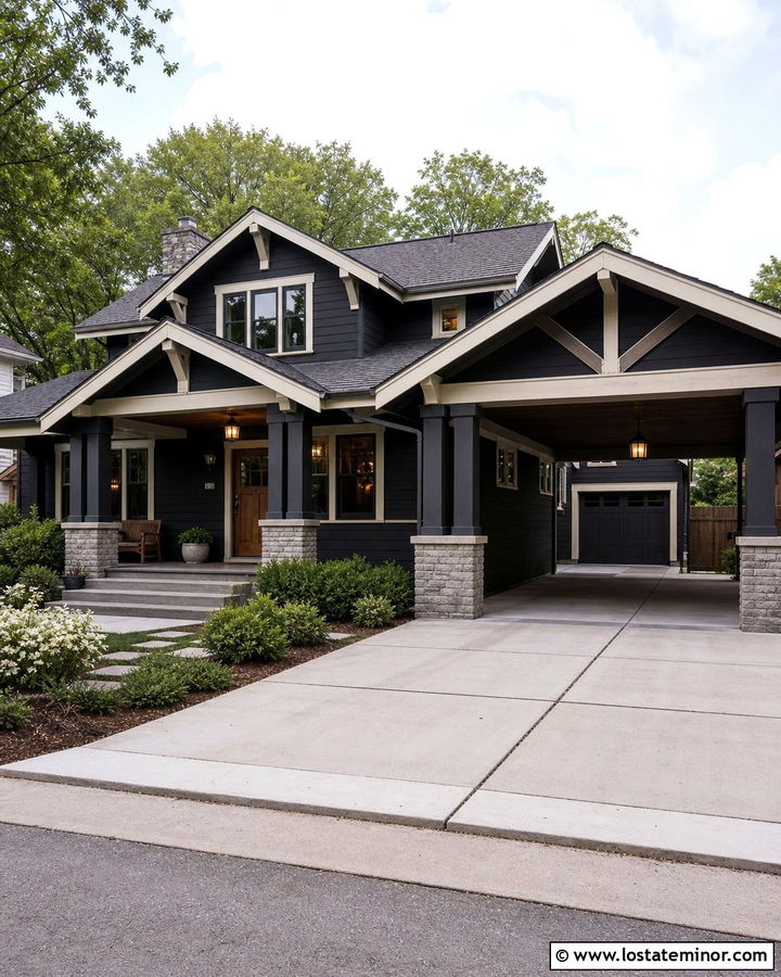 Jet Black Craftsman House With Timber Carport - 30 Jet Black House Design With Carport Ideas