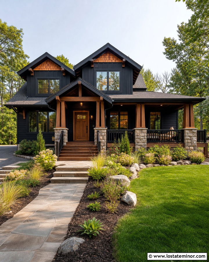Jet Black Craftsman House With Timber Deck - 30 Jet Black House Design With Deck Ideas