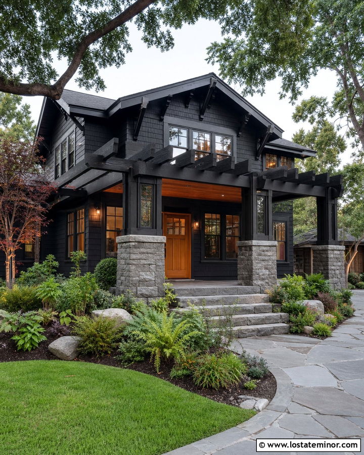 Jet Black Craftsman House With Timber Pergola - 30 Jet Black House Design With Pergola Ideas