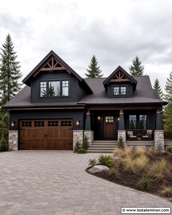 Jet Black Craftsman House With Walnut Garage Door - 30 Jet Black House Design With Garage Door Ideas