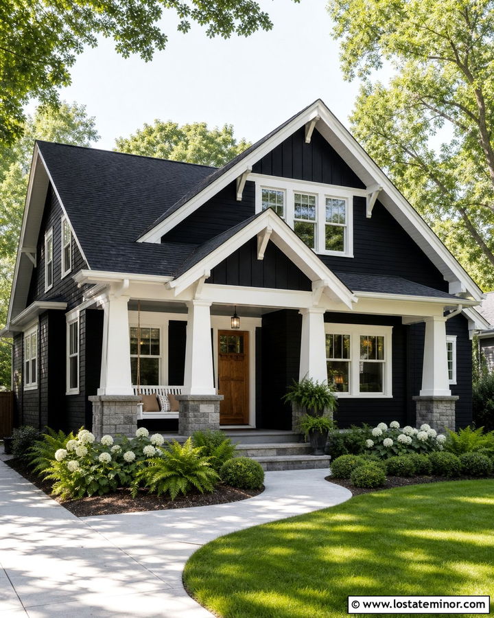 Jet Black Craftsman House With White Porch Swing - 30 Jet Black House Design With Swing Ideas