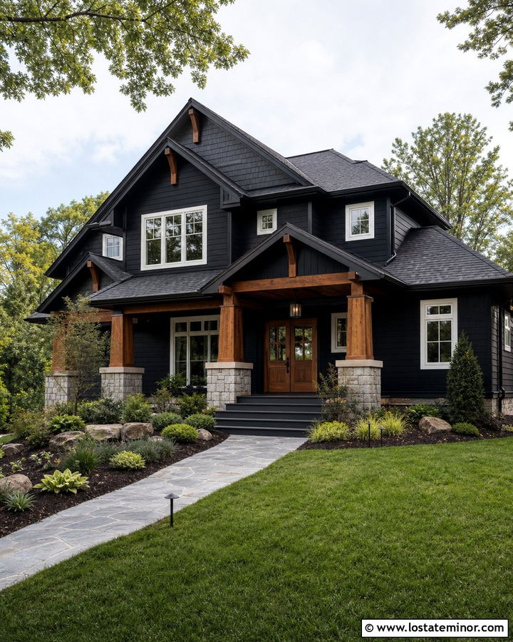 Jet Black Craftsman Siding With Stone Columns - 30 Jet Black House Design With Siding Ideas