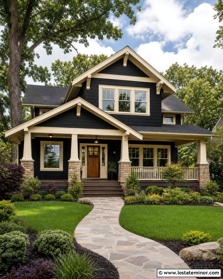 Jet Black Craftsman With Cream Trim - 30 Jet Black House Design With Trim Ideas