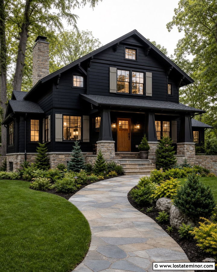 Jet Black Craftsman With Greige Shutters - 30 Jet Black House Design With Shutters Ideas