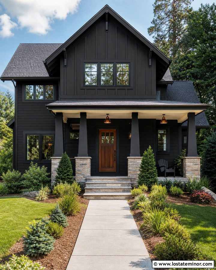 Jet Black Craftsman With Stone Base Columns - 30 Jet Black House Design With Porch Columns Ideas