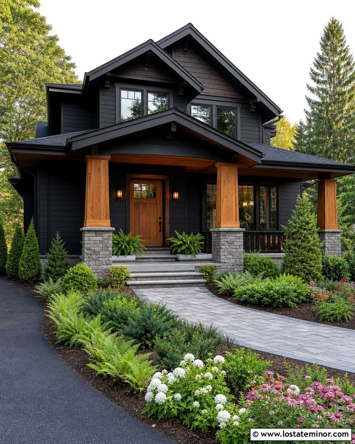 Jet Black Craftsman With Stone Porch - 30 Jet Black House Design With Front Porch Ideas