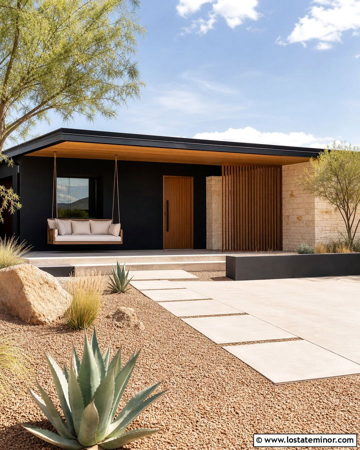 Jet Black Desert House With Canvas Swing - 30 Jet Black House Design With Swing Ideas