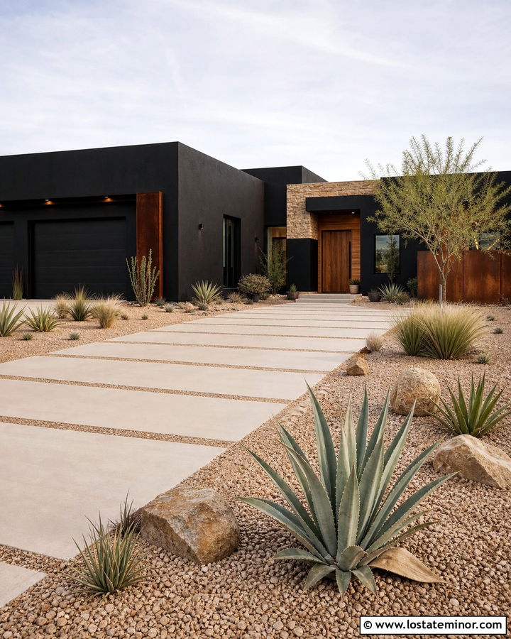 Jet Black Desert House With Concrete Paver Driveway - 30 Jet Black House Design With Driveway Ideas