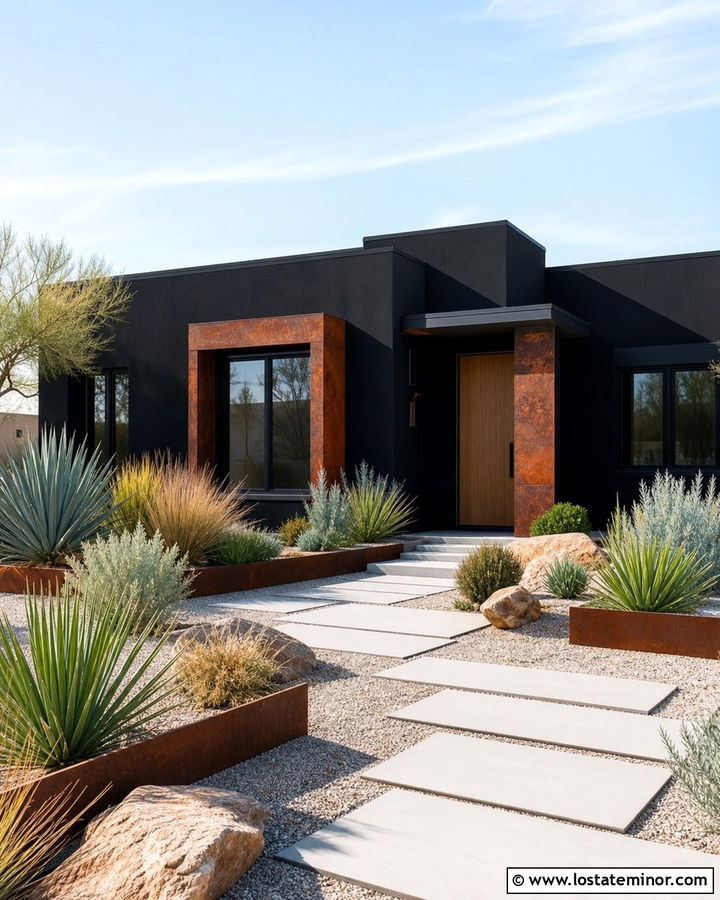 Jet Black Desert House With Corten Window Boxes - 30 Jet Black House Design With Window Boxes Ideas