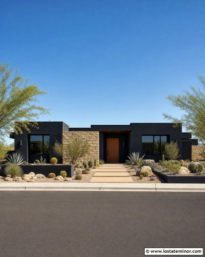 Jet Black Desert House With Gravel Walkway - 30 Jet Black House Design With Walkway Ideas