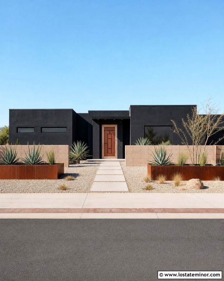 Jet Black Desert House With Sandstone Storm Door - 30 Jet Black House Design With Storm Door Ideas