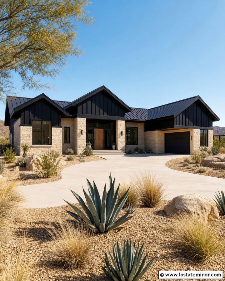 Jet Black Desert House With Sandstone - 30 Jet Black House Design With Board and Batten Ideas