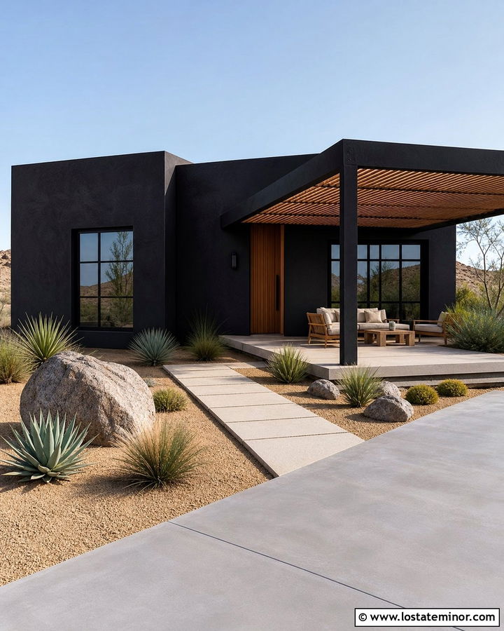 Jet Black Desert House With Slatted Pergola - 30 Jet Black House Design With Pergola Ideas