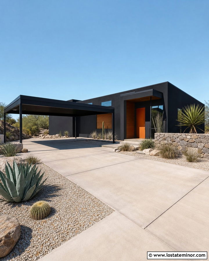 Jet Black Desert House With Steel Carport - 30 Jet Black House Design With Carport Ideas