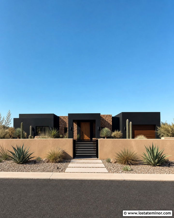 Jet Black Desert House With Stucco Fence - 30 Jet Black House Design With Fence Ideas