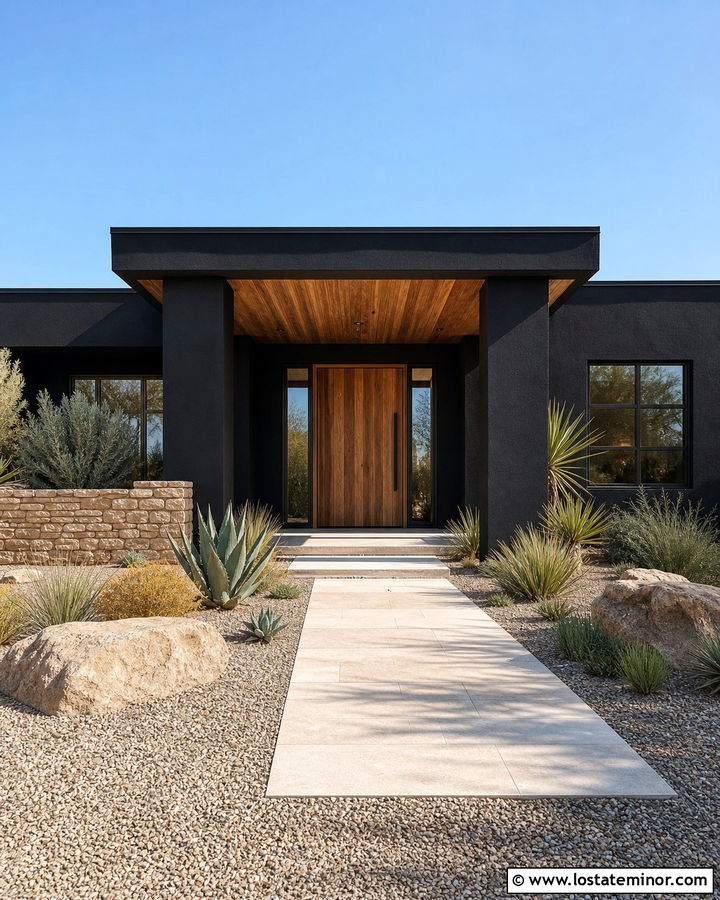 Jet Black Desert House With Stucco Porch Columns - 30 Jet Black House Design With Porch Columns Ideas
