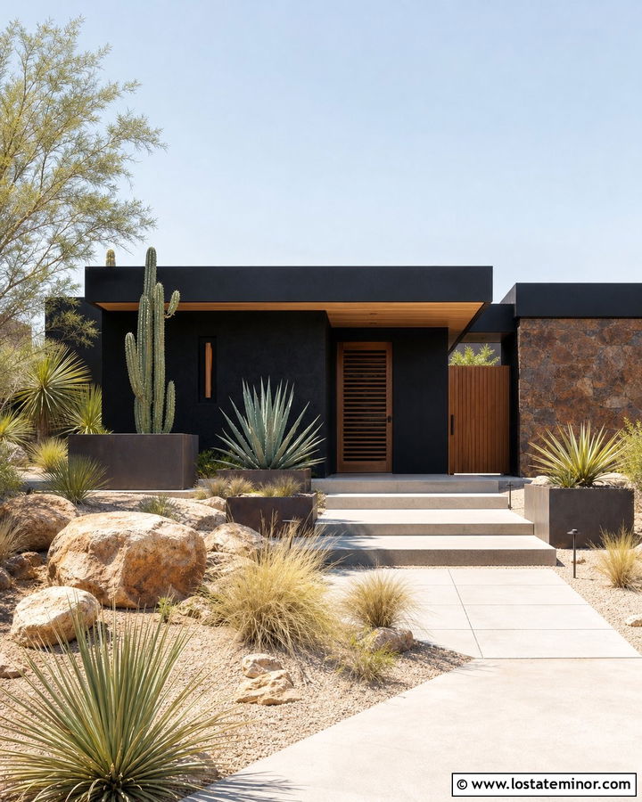 Jet Black Desert House With Wood Screen Door - 30 Jet Black House Design With Screen Door Ideas