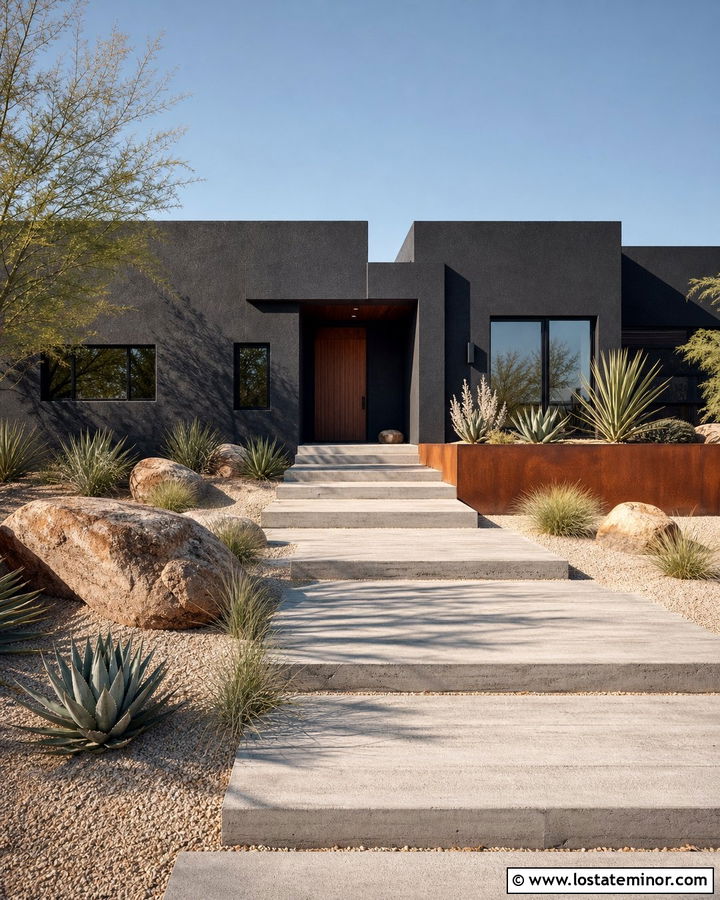 Jet Black Desert Modern House With Concrete Steps - 30 Jet Black House Design With Steps Ideas