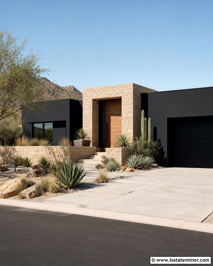 Jet Black Desert Modern House With Sandstone - 30 Jet Black House Design With Stone Accents Ideas