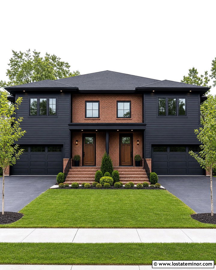 Jet Black Duplex With Central Brick Entry - 30 Jet Black House Design With Brick Accents Ideas
