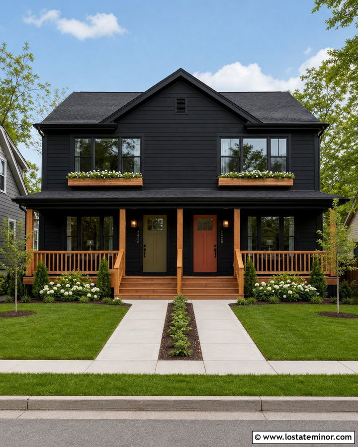 Jet Black Duplex With Coordinated Window Boxes - 30 Jet Black House Design With Window Boxes Ideas