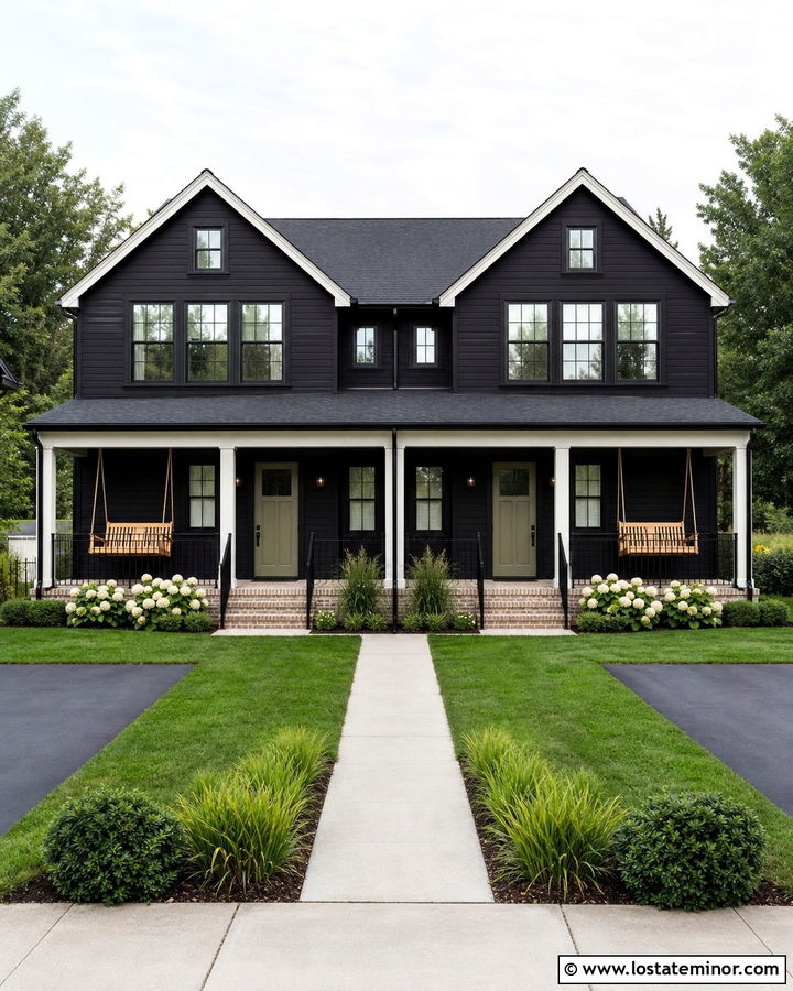 Jet Black Duplex With Matching Porch Swings - 30 Jet Black House Design With Swing Ideas