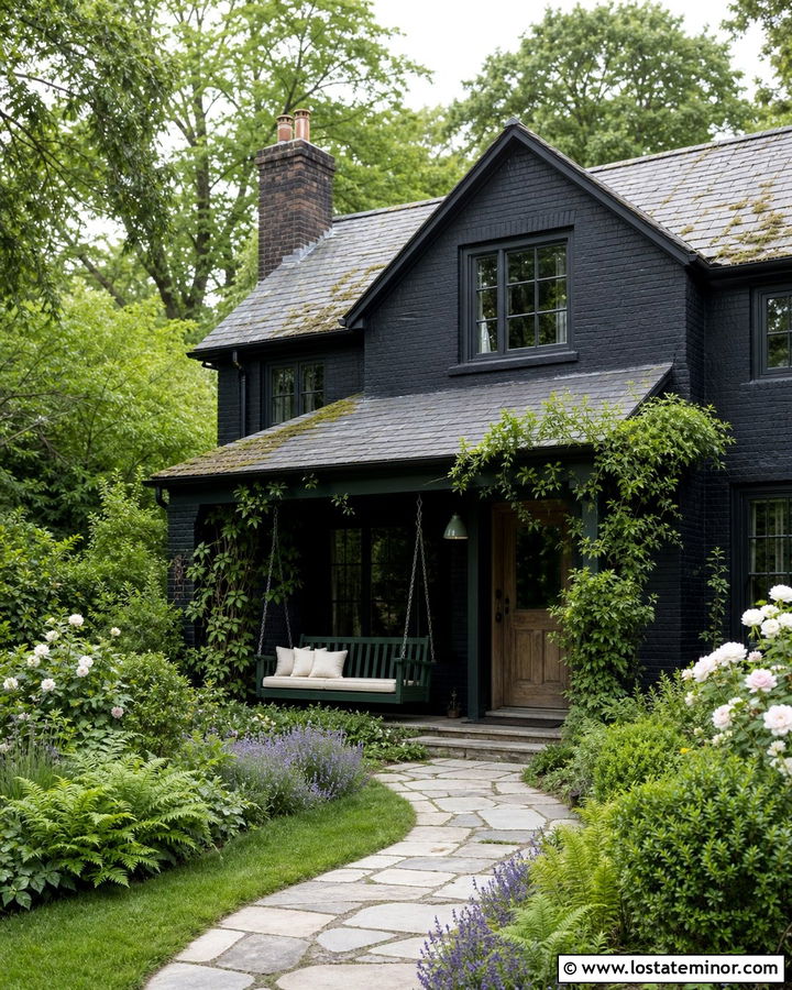 Jet Black English Cottage With Green Swing - 30 Jet Black House Design With Swing Ideas