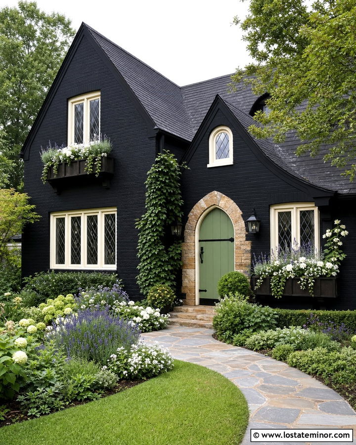 Jet Black English Cottage With Leaded Window Boxes - 30 Jet Black House Design With Window Boxes Ideas