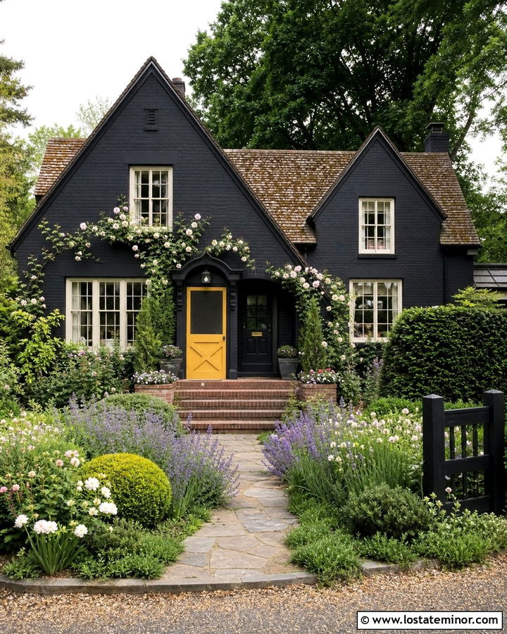 Jet Black English Cottage With Yellow Screen Door - 30 Jet Black House Design With Screen Door Ideas
