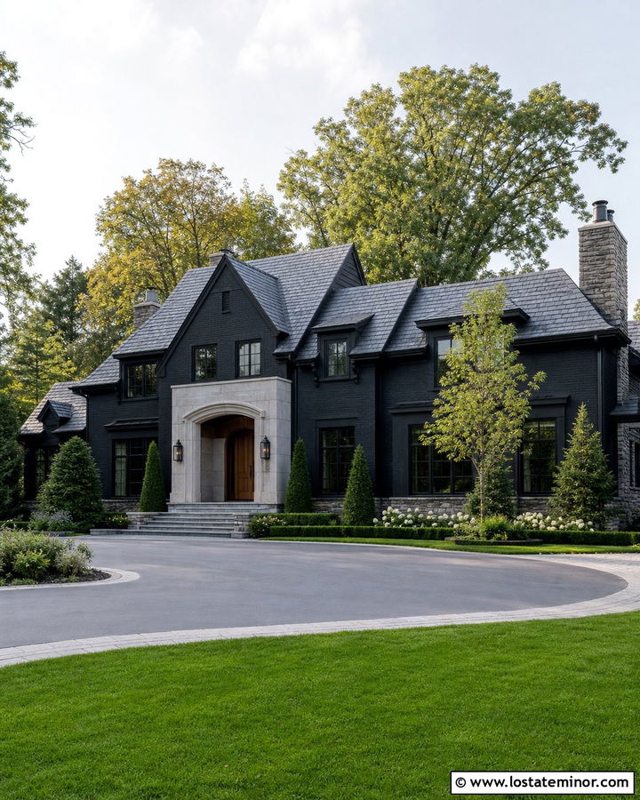 Jet Black Estate House With Mixed Stone - 30 Jet Black House Design With Stone Accents Ideas