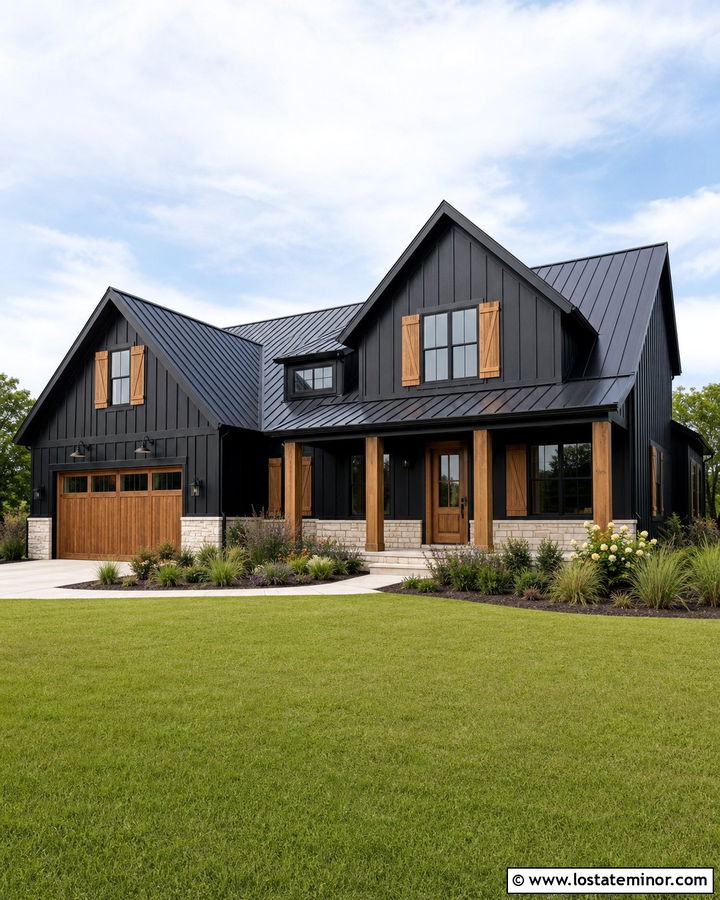 Jet Black Farmhouse With Cedar Shutters - 30 Jet Black House Design With Shutters Ideas